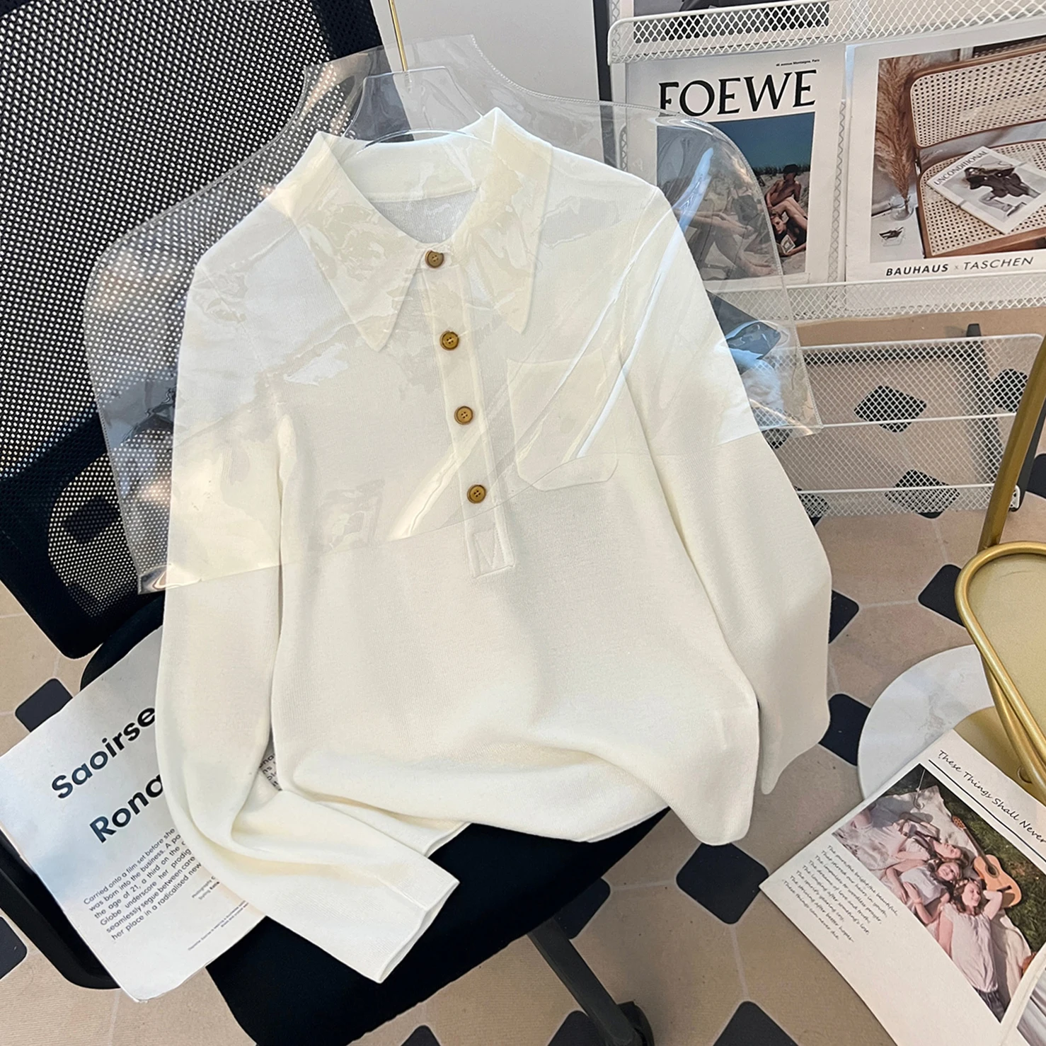 

Elegant Woolen Knitted Long Sleeve Neck Sweater Women's Pure Color Buttoned Cashmere Underwear Casual Style Female Knitwear