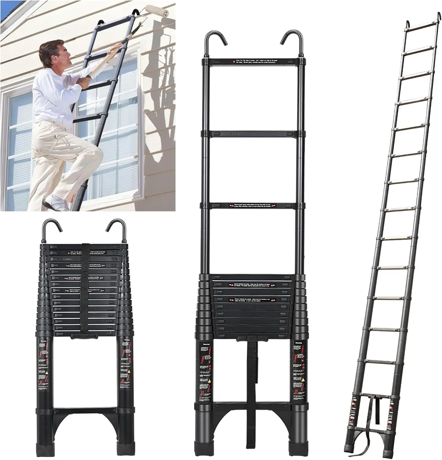 

20.3 FT Telescopic Ladder, Aluminium Black Telescoping Ladder with Non-Slip Feet and Stable Hook, Portable Extension