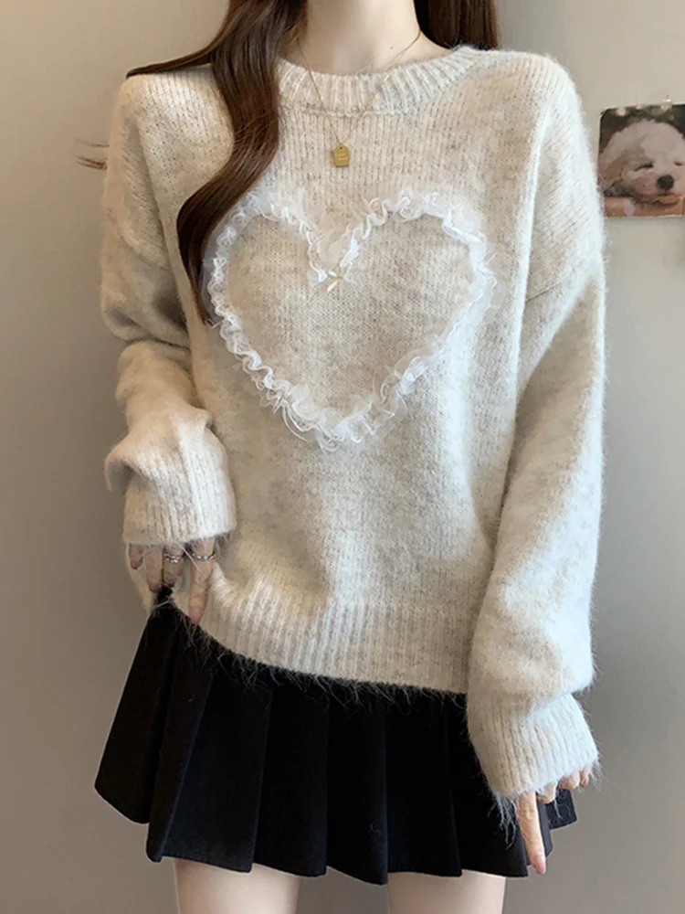 

Модный свитер больших размеров для женщин, зимний, новый, нежный, вязаный, универсальный, с узлом и кружевом, длинный рукав