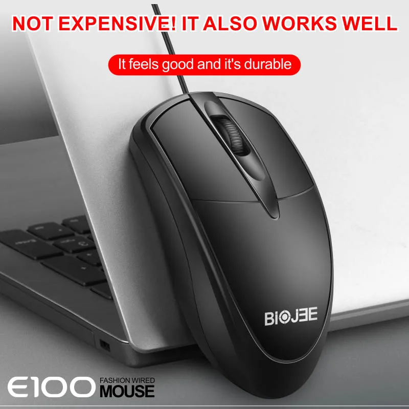 Mouse game berkabel USB E100, tetikus ergonomis 1000 DPI, roda gulir kisi untuk Laptop Desktop komputer, aksesori game