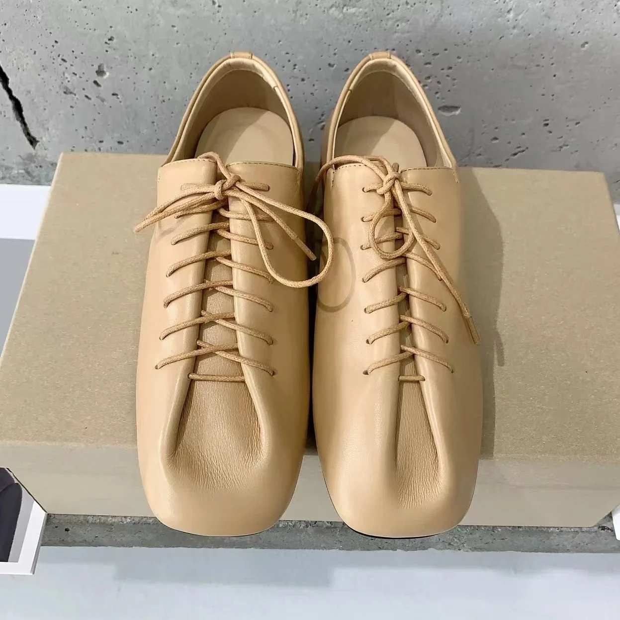 

2025 New Arrival Spring Genuine Leather Square-Toe Lace-Up Woman Loafers Ballet Dance Shoes Mary Janes Mules Zapatos De Mujer