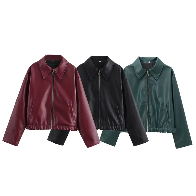ZAB Autunno delle nuove donne Faionable Casual Sle Long Sve Stand Colletto in pelle Jaet Street Sle Cappotto in fibra di poliestere