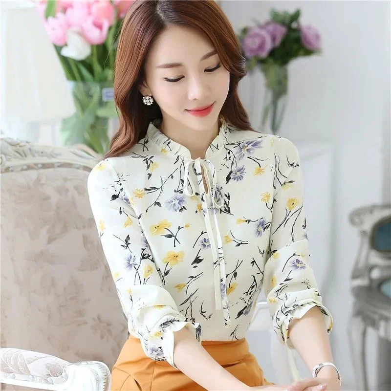 Women Spring Autumn Style Blouses Shirts Lady Casual Long Sleeve Bow Tie Collar Flower Printed Blusas Tops