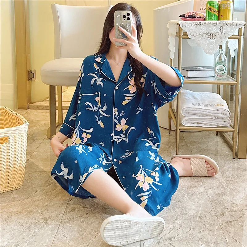 Lapel Sleep Shirt Women Kimono Dressing Down With Buttons Viscose Summer Nightshirt Printed Flower Nightgown Casual Lingerie