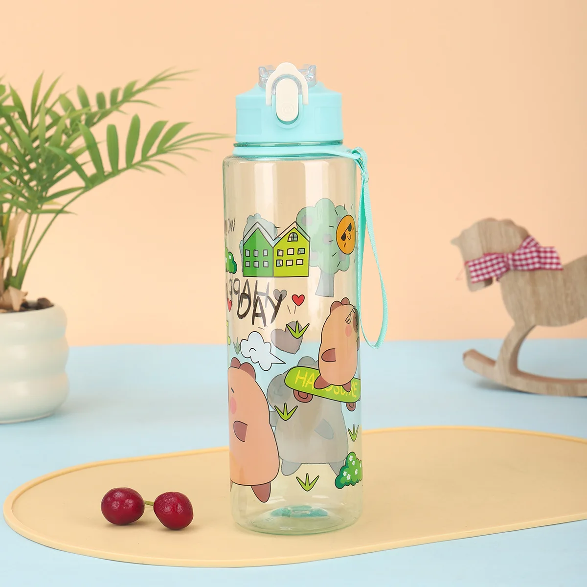   귀여운 500ml 플라스틱 물병, 일상 사용 및 야외 활동을 위한 새지 않는 플립탑 빨대컵