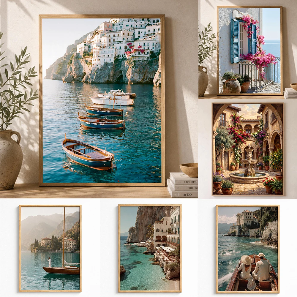 Lake Como Sailboat Print Vintage Italian Villa Wall Art Poster Vintage Amalfi Beach Club Italian Summer Mid Century Coast Print