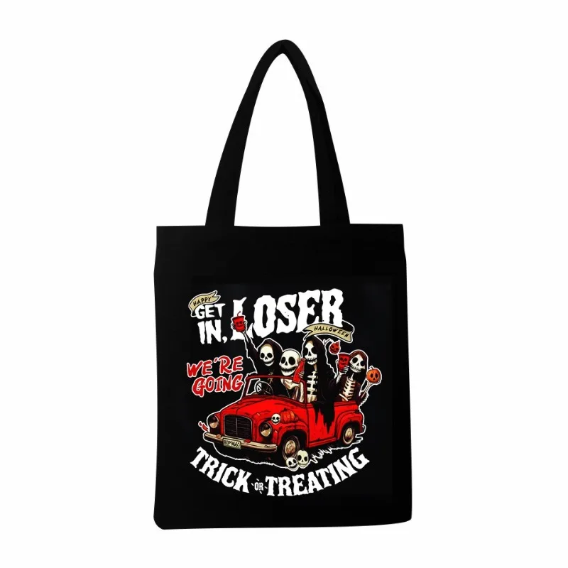 Halloween Ghost Pumpkin Head Halloween Theme Cartoon Printed White Canvas Tote Bag for Holiday Parties Trick or Treat Tote Bag