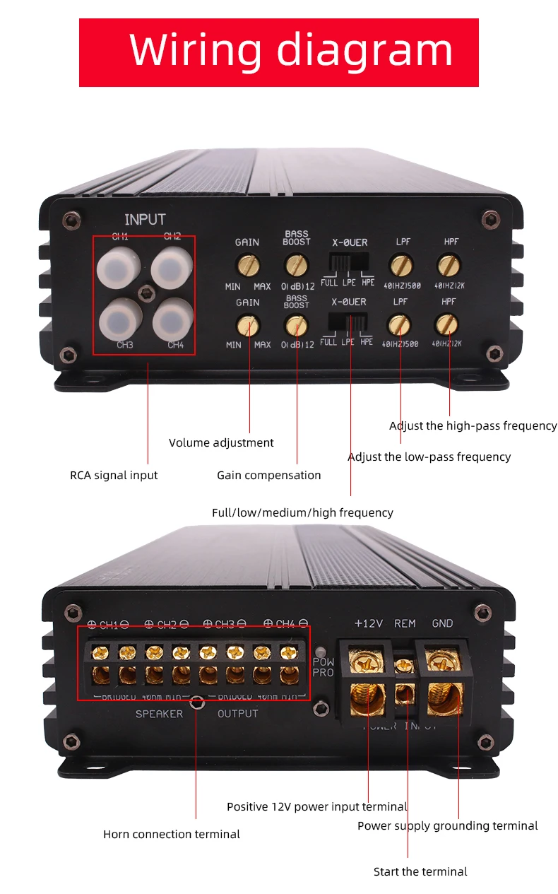 High Power 12V Car Audio Amplifier Strong heat dissipation Class AB Aluminium Alloy 4-Channel RMS power 100W*4@4Ω /160W*4@2Ω