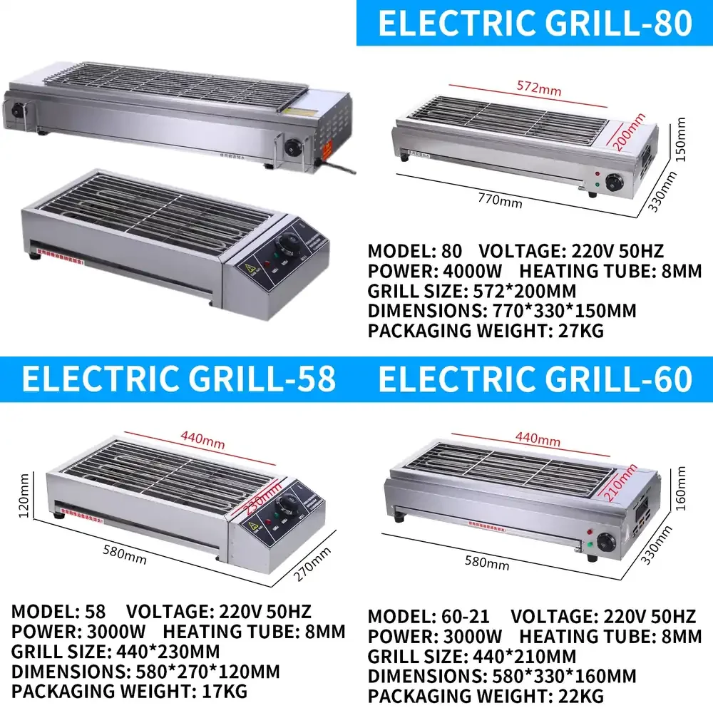 Parrilla eléctrica comercial sin humo para asar alambres de cordero y ostras sin gluten en interiores