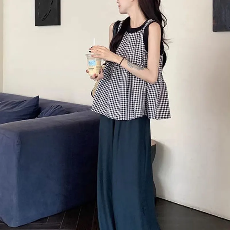 Contrasting Colors Drawstring Plaid Blouse Summer Korean Loose Women\'s Clothing Sleeveless Casual Bow All-match Round Neck Shirt