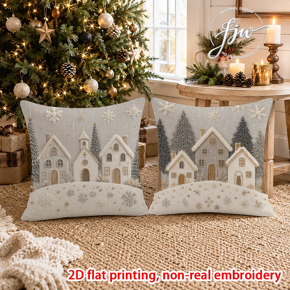 2pcs Christmas Winter Village Throw Pillow Covers Neutral Tone Holiday Cushion Cases for Sofa Couch Bed