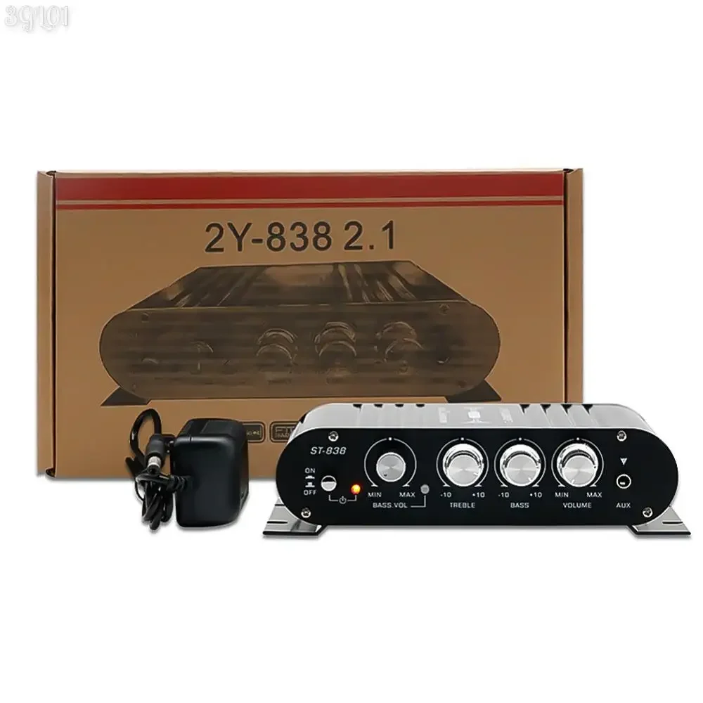 ST-838 HiFi 2.1 Channel Power Amplifier Bass and Treble Adjustment 80W*2 Stereo Bass Sound Amp Audio Amplifier Mini Media Player