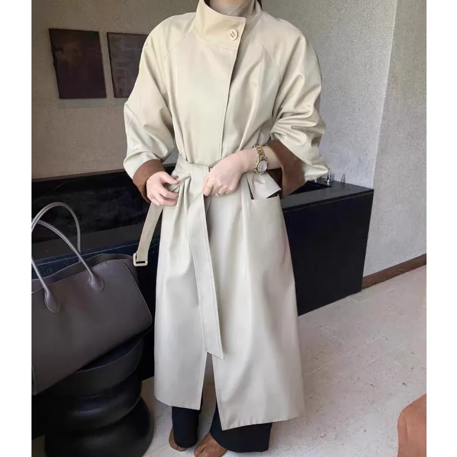 

Женское свободное пальто из искусственной кожи с двойным воротником, модный дизайн, осень-зима, корейская универсальная утягивающая длинная верхняя одежда све