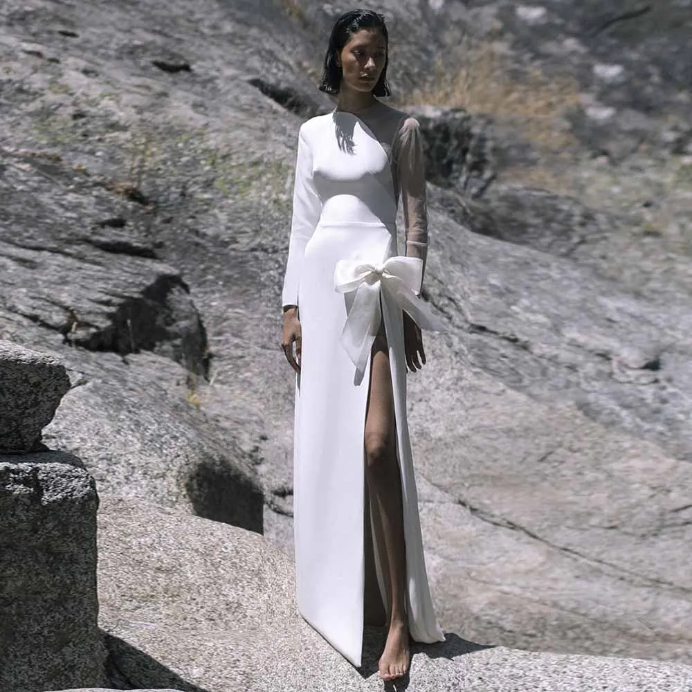 

Modern Wedding Dresses Jersey Sheath/Column Wedding Party Dresses White O-Neck Side Split Bow Net Splicing Women's Dresses Trend