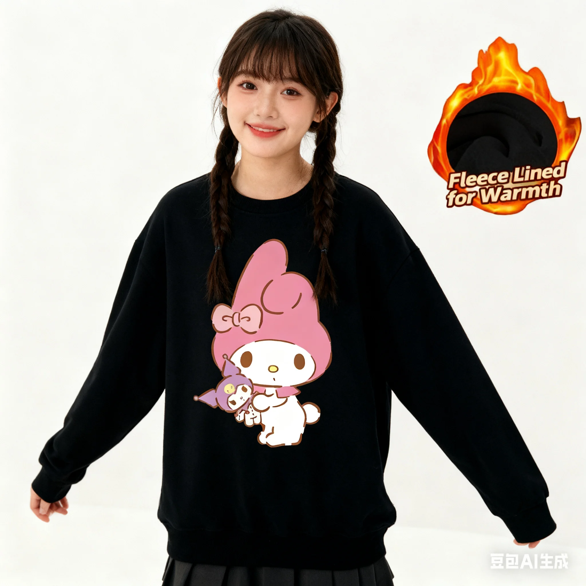 

Sanrio Series Printed Crew Neck Long-Sleeve Top, Cute and Warm Fleece-Lined Crew Neck Long-Sleeve T-Shirt, 100% Cotton