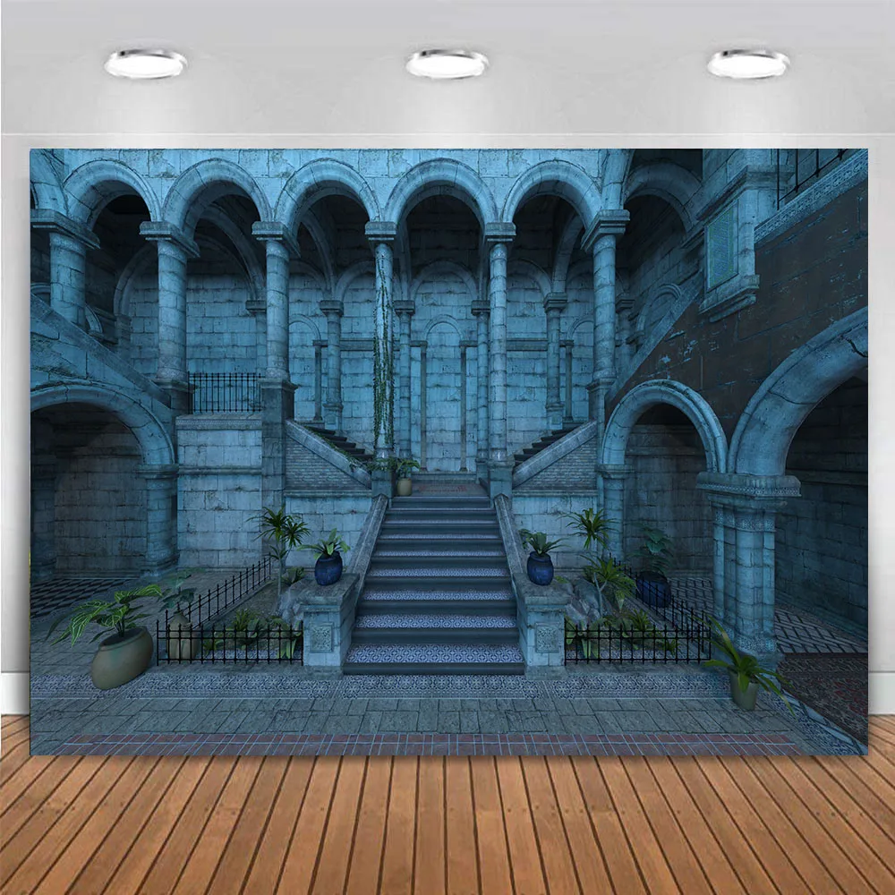 Medieval Castle Backdrop Halloween Horror Dark Historic Dungeon Place Hall Arch Old Wall Columns Gothic Party Deocor Background