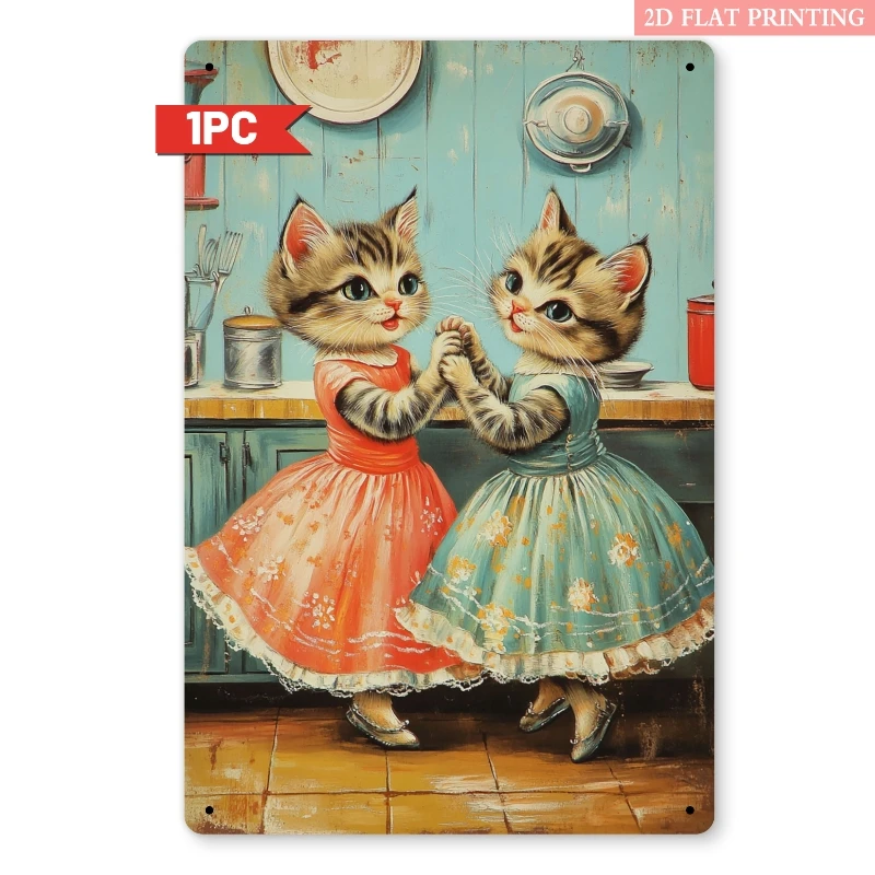 2D Flat - A Vintage-Style Metal Sign Featuring Dancing Kittens in a Kitchen, Measuring 7.87X11.81 inch. This Decorative Piece Is