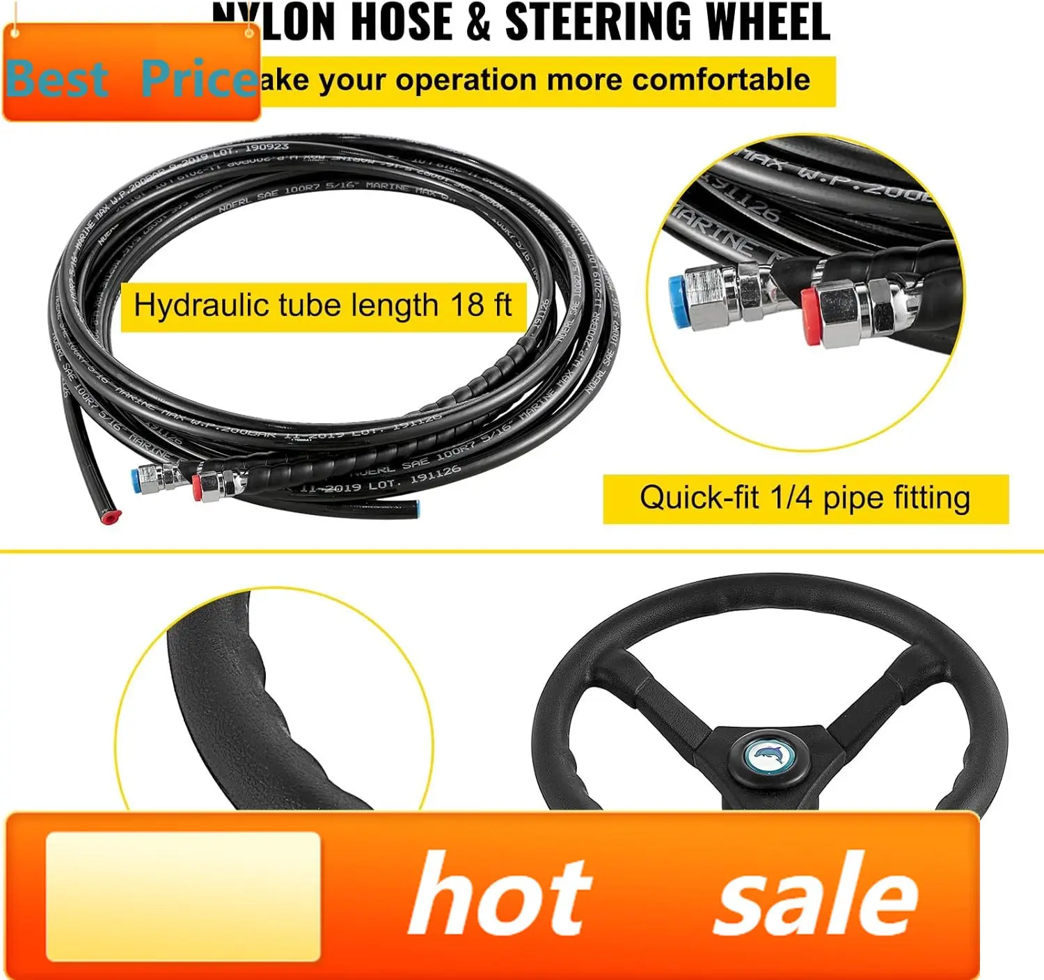 

VEVOR Hydraulic Outboard Steering Kit, 90/150/300HP Helm Pump Marine Boat Hydraulic Steering System, 13.5 inch Steering Wheel wi