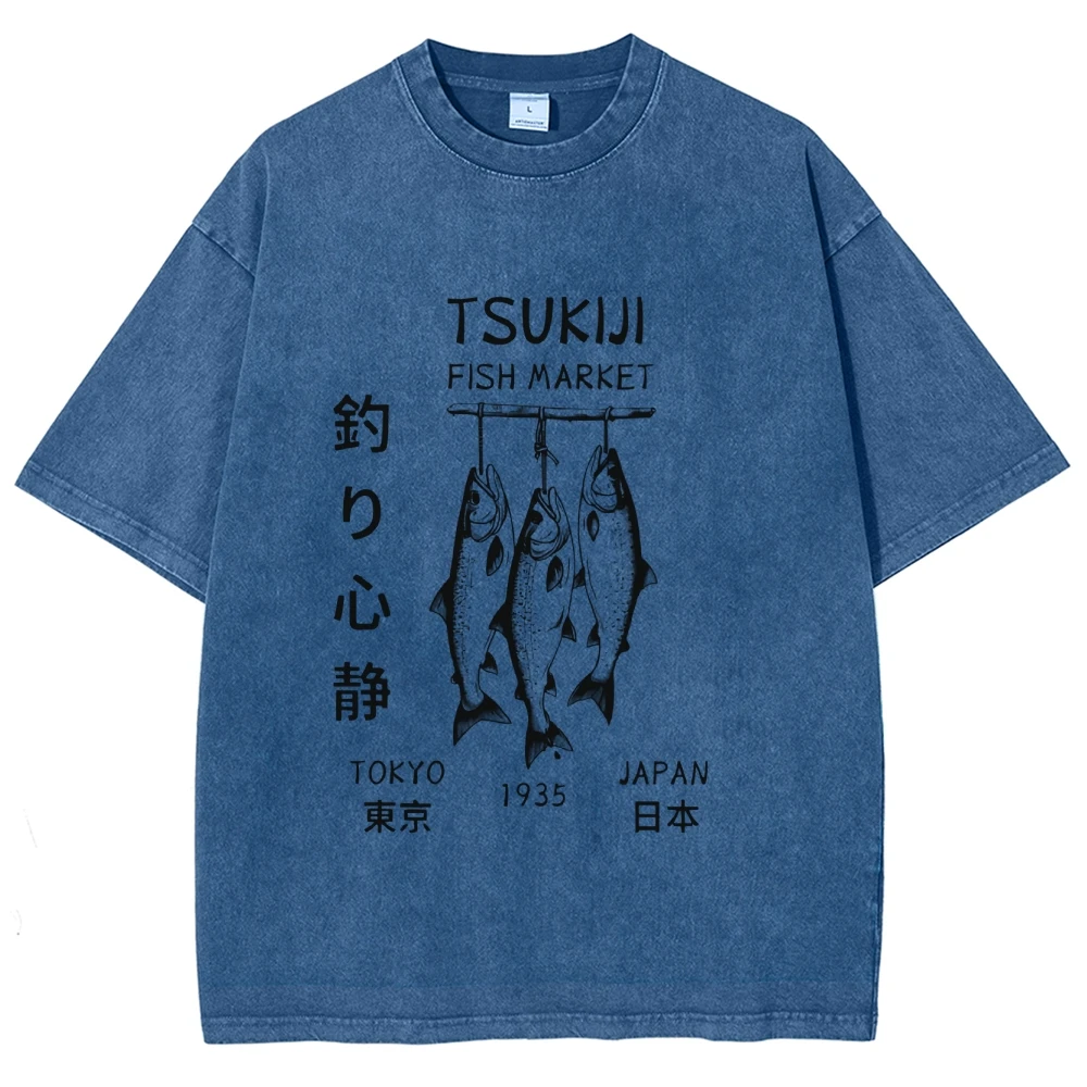 Couple Tees Shoulder Short Sleeved T-shirt For Men Women Breathable Casual Pure Cotton Loose Tops  Fish patterns and language