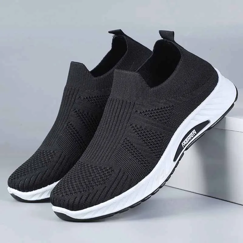 Atmungsaktive Herren-Slipper aus Strick, leichte, gepolsterte Sohle, runde Zehenpartie, Outdoor-Sneaker für ältere Menschen – Detail 8