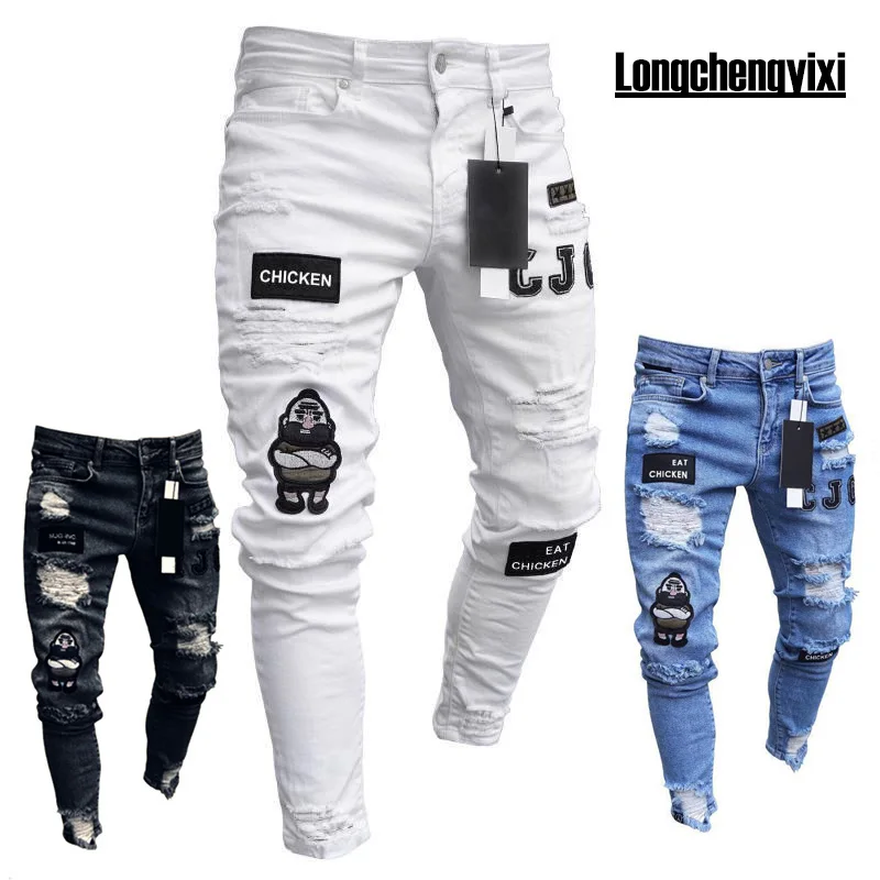 Calça Jeans Skinny rasgada elástica masculina, Bordado motociclista, Cartoon Print, Buraco Destruído, Slim Fit, Denim, Alta Qualidade, Hip Hop, Preto