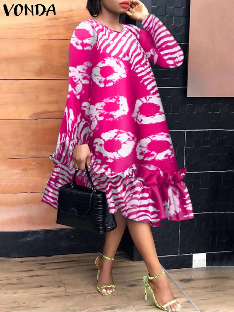 Plus Size VONDA Women Printed Dress 2024 Bohemian Ruffled Sundress Vintage Long Sleeve Vestidos Casual Round Neck Robe Oversized