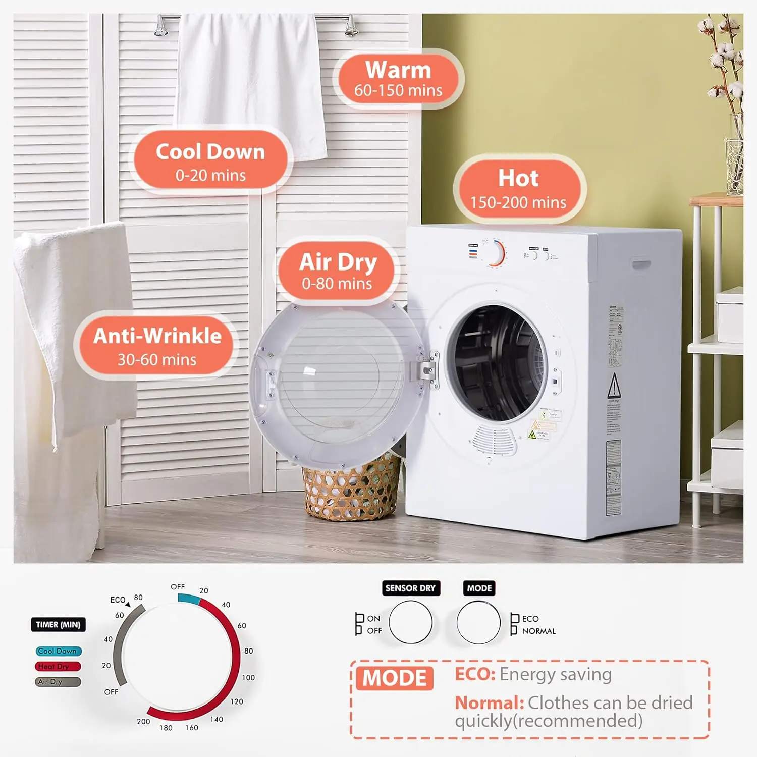 Sèche-linge portable avec conduit d'accès, doublure en acier inoxydable, petit sèche-linge à quatre fonctions, 1.8 pieds