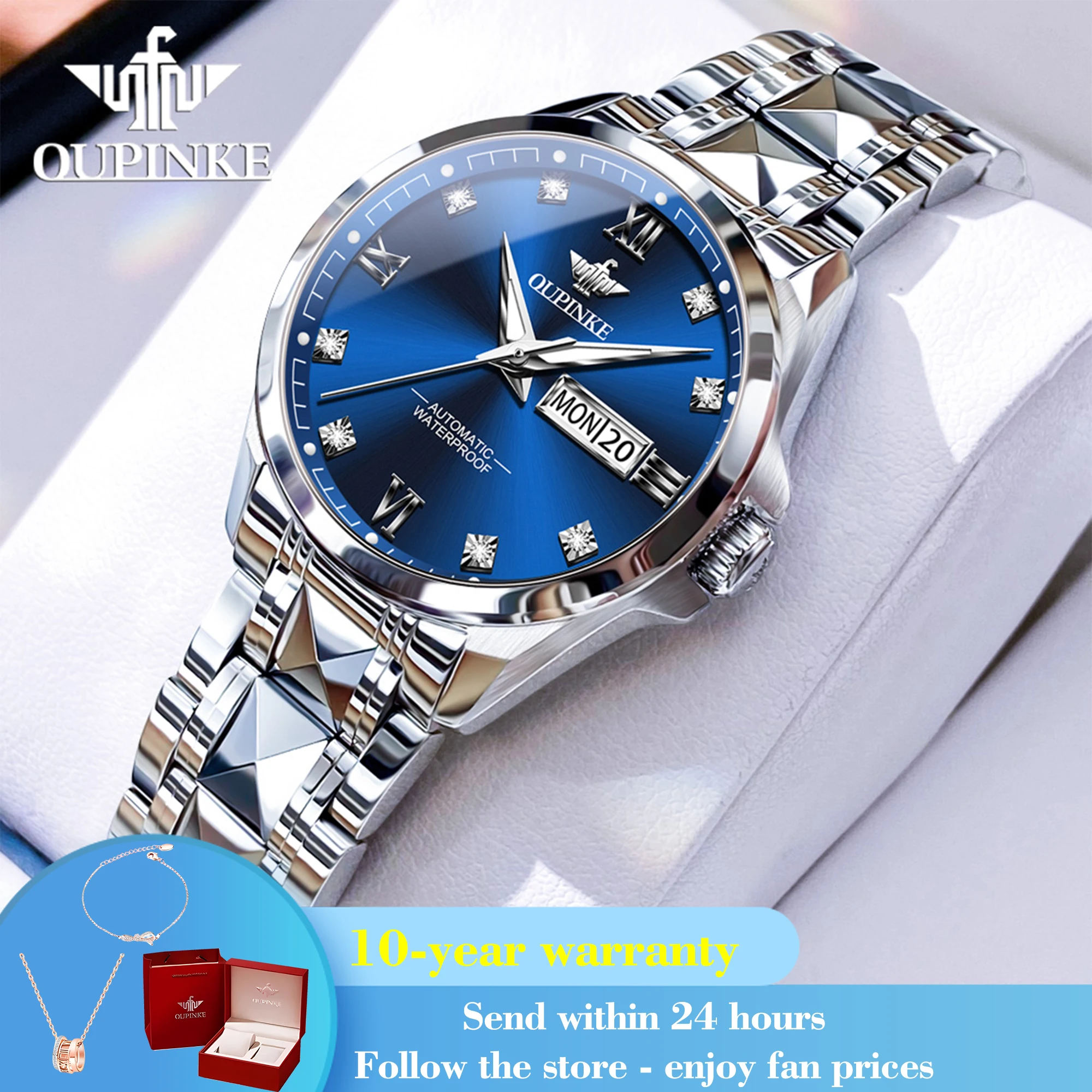 OUPINKE 3262 Luxury Top Brand Automatic Watch For Women Dual Calendar Mechanical Wristwatch Stainless Steel Roman Scale Watches