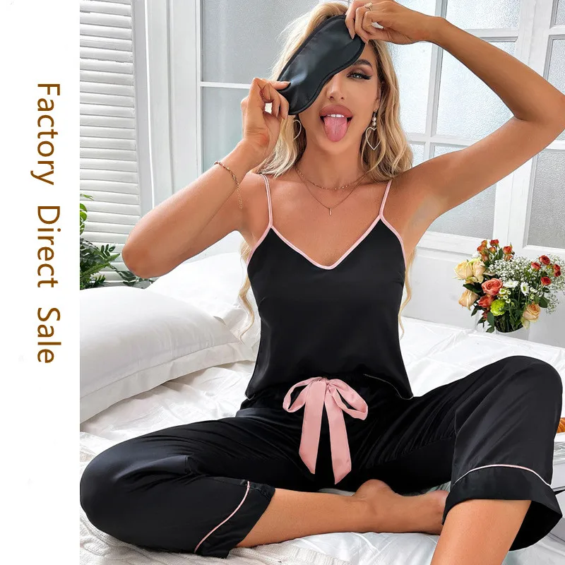 Conjunto de pijama Sexy de satén para mujer, ropa de dormir de seda, sin mangas, para el hogar