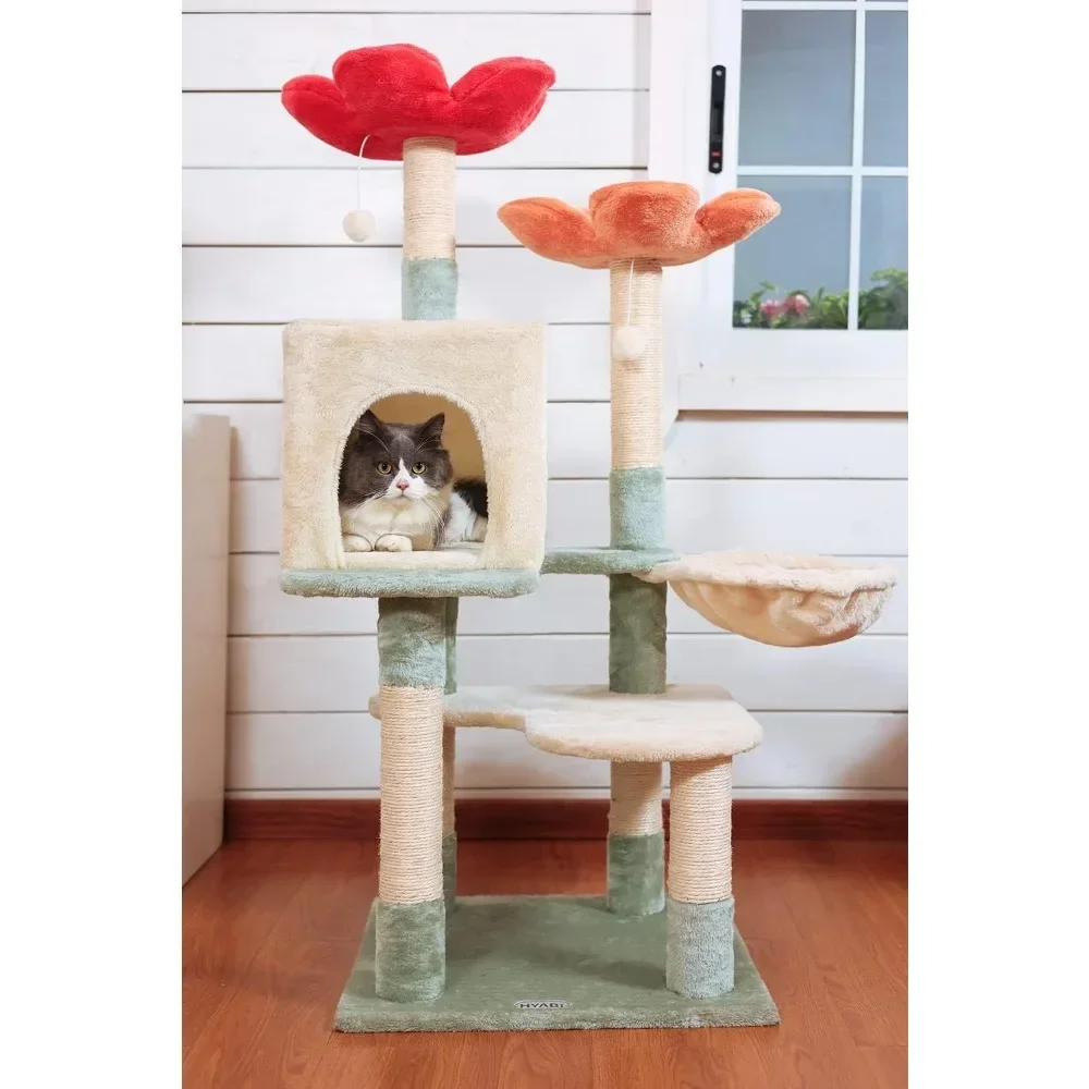 

48in Cat Tree Tower Furniture Apartment Plush Habitat Kitten Amusement Platform with Scratch Posts Toy Ball Pet House Play