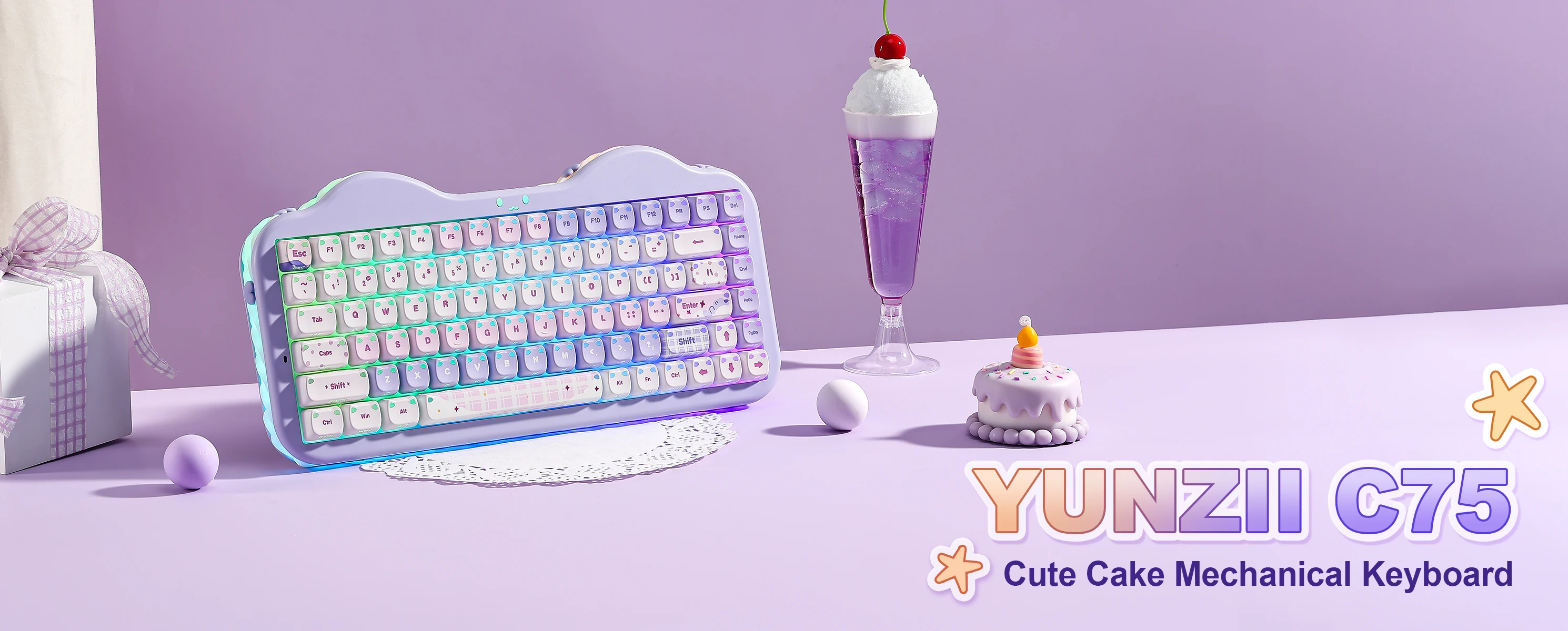YUNZII C75 MAO Edition Mechanical Keyboard,Cute Ear Translucent Keycap,Wireless 75% NKRO Keyboards,RGB Cake Design for Win/Mac