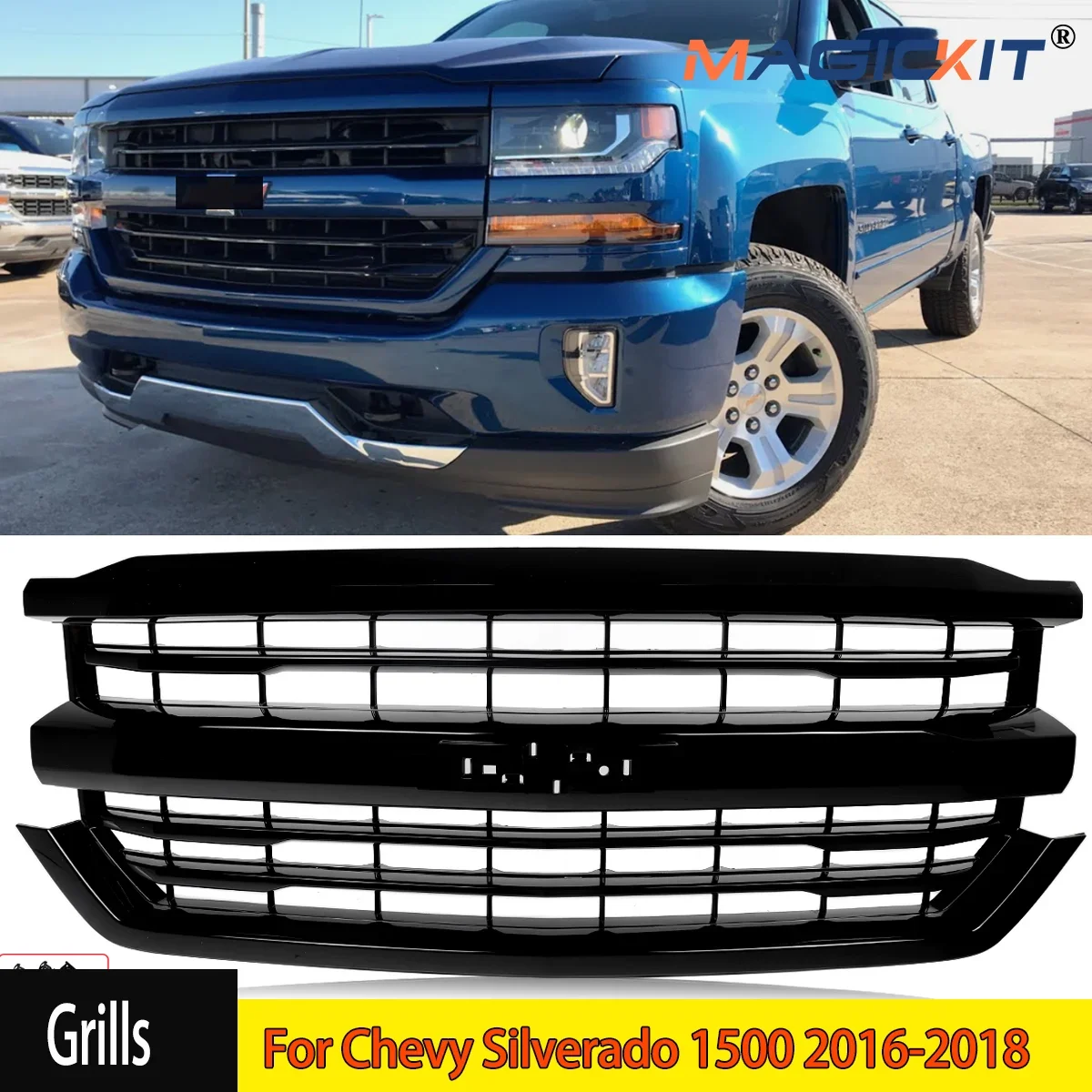 Gloss Black Front Upper Bumper Grille Grill For Chevy Silverado 1500 2016-2018