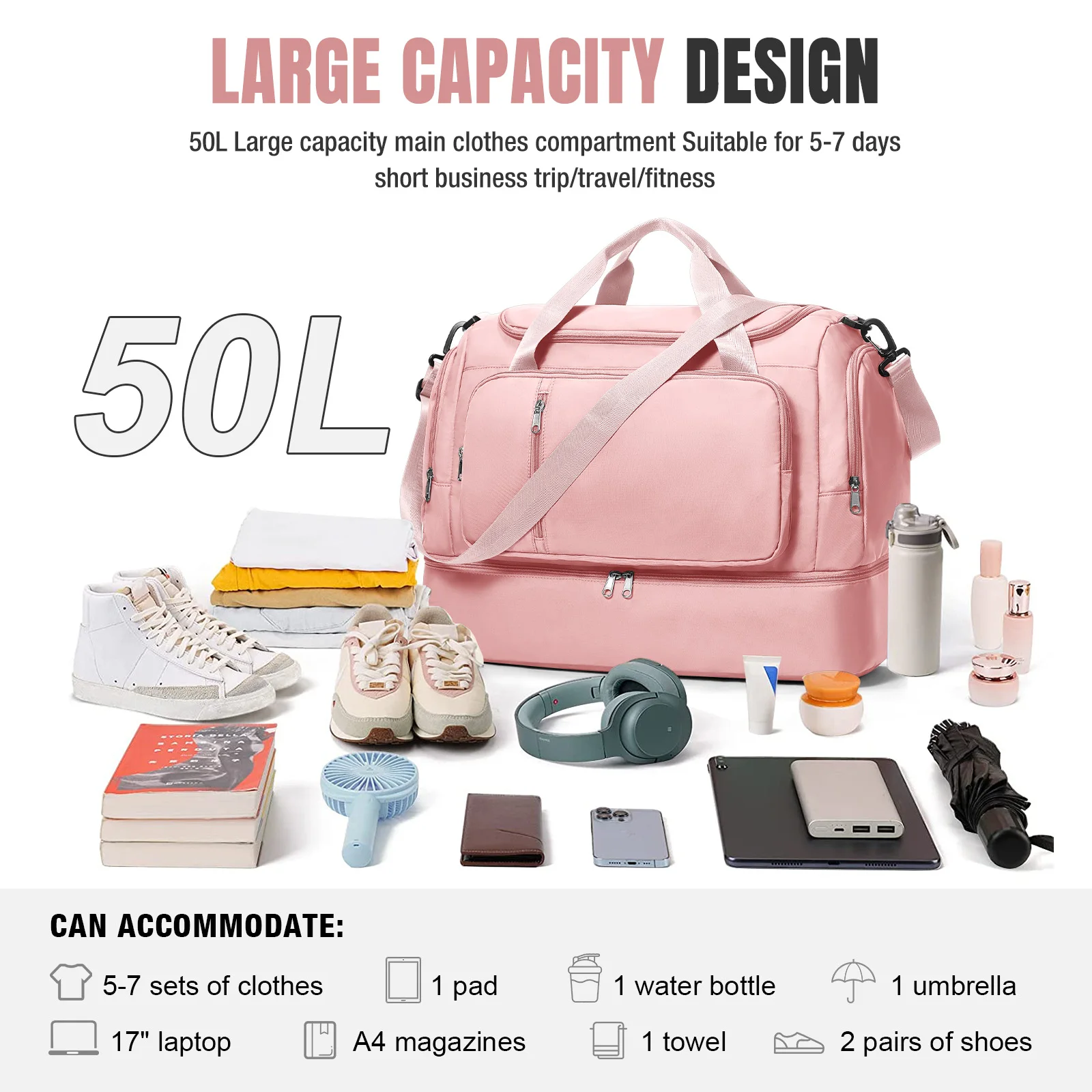 Travel Bag for  Women - Waterproof Large Capacity Multi-Pocket Hand Luggage Bag Gym Bag Weekender Travel Clothing Storage Bag view 4
