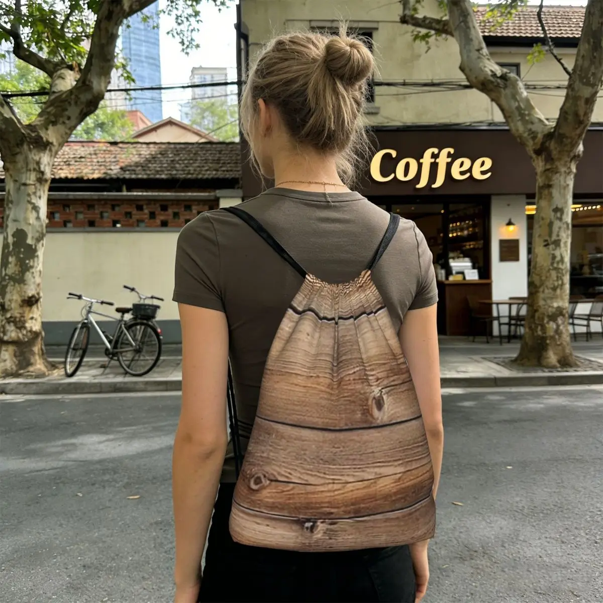 Wood Grain Retro Backpacks Fashion Drawstring Bags Sports Bag Book Bags for Travel School