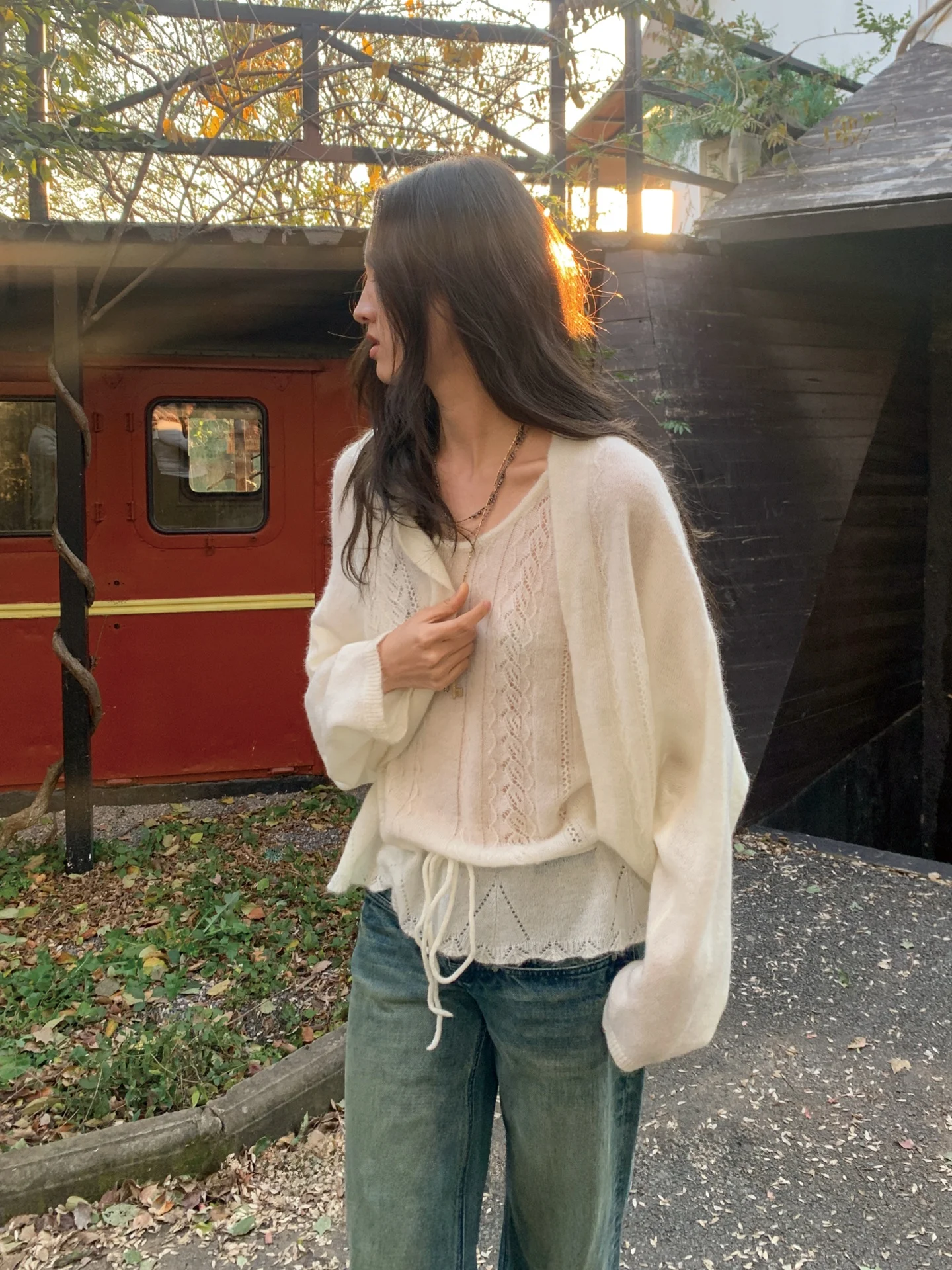 

Subei Cloud Ultra Fine Camel Hair Knitted Vest Shoulder Wrap Cardigan Two-Piece Set Drawstring Casual Loose Fit Women's Knitwear