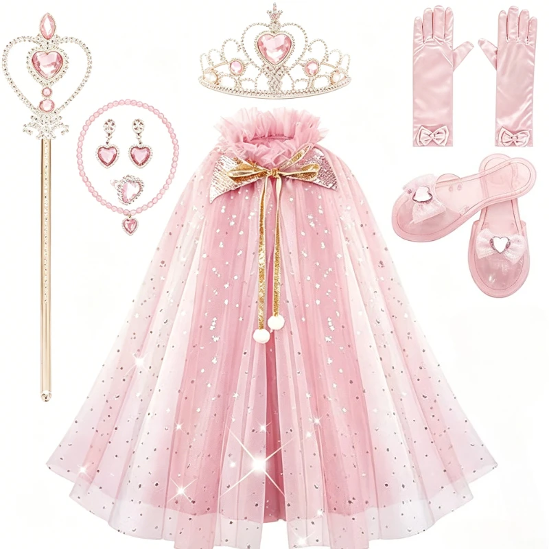Winter Fairy Sequined Blue Tulle Cape Cosplay Outfit Kids Heart Crystal Scepter Matching Jewelry Long Bow Gloves Princess Shoes - view 4