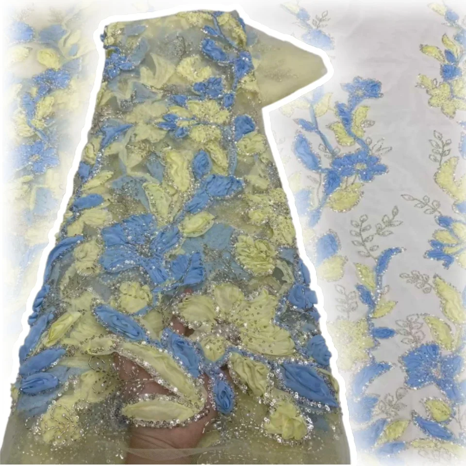 ผ้าลูกไม้ปักลายดอกไม้ 3 มิติ ล่าสุด ผ้าลูกไม้ฝรั่งเศสประดับเลื่อมหรูหราสไตล์ไนจีเรีย สำหรับตัดเย็บชุดเดรสงานเลี้ยง งานแต่งงาน รุ่น TP1551