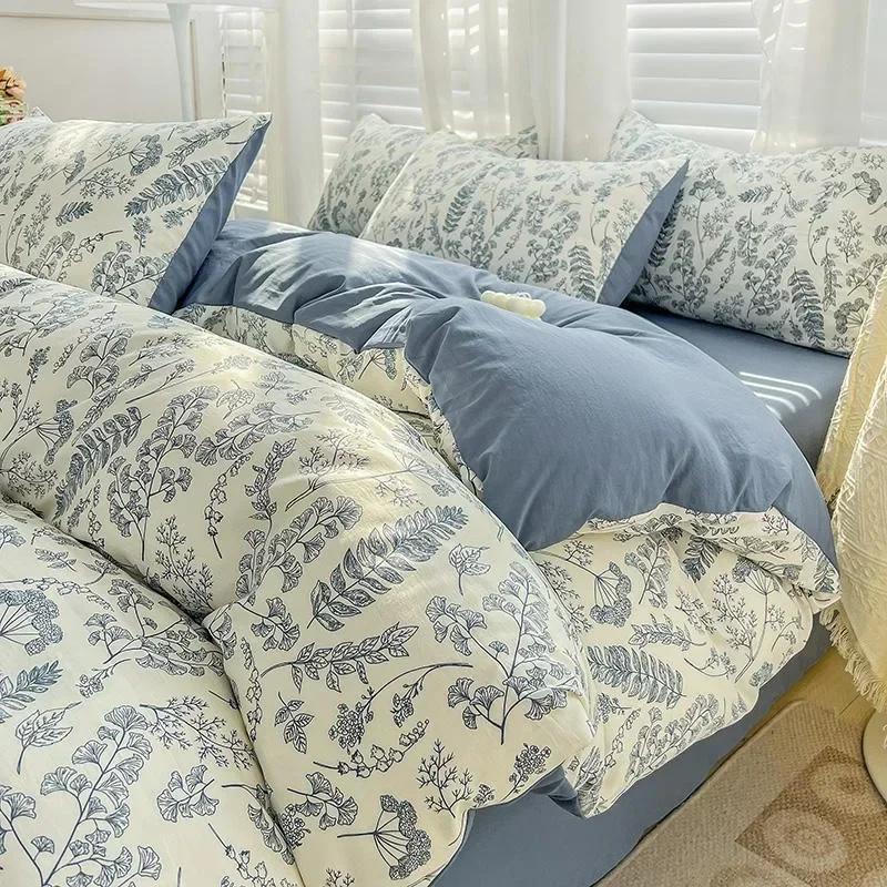 All-season Soft and Skin-friendly Double-layer Gauze Cotton and Linen 4-piece Bedding Set Machine Washable for Home Use