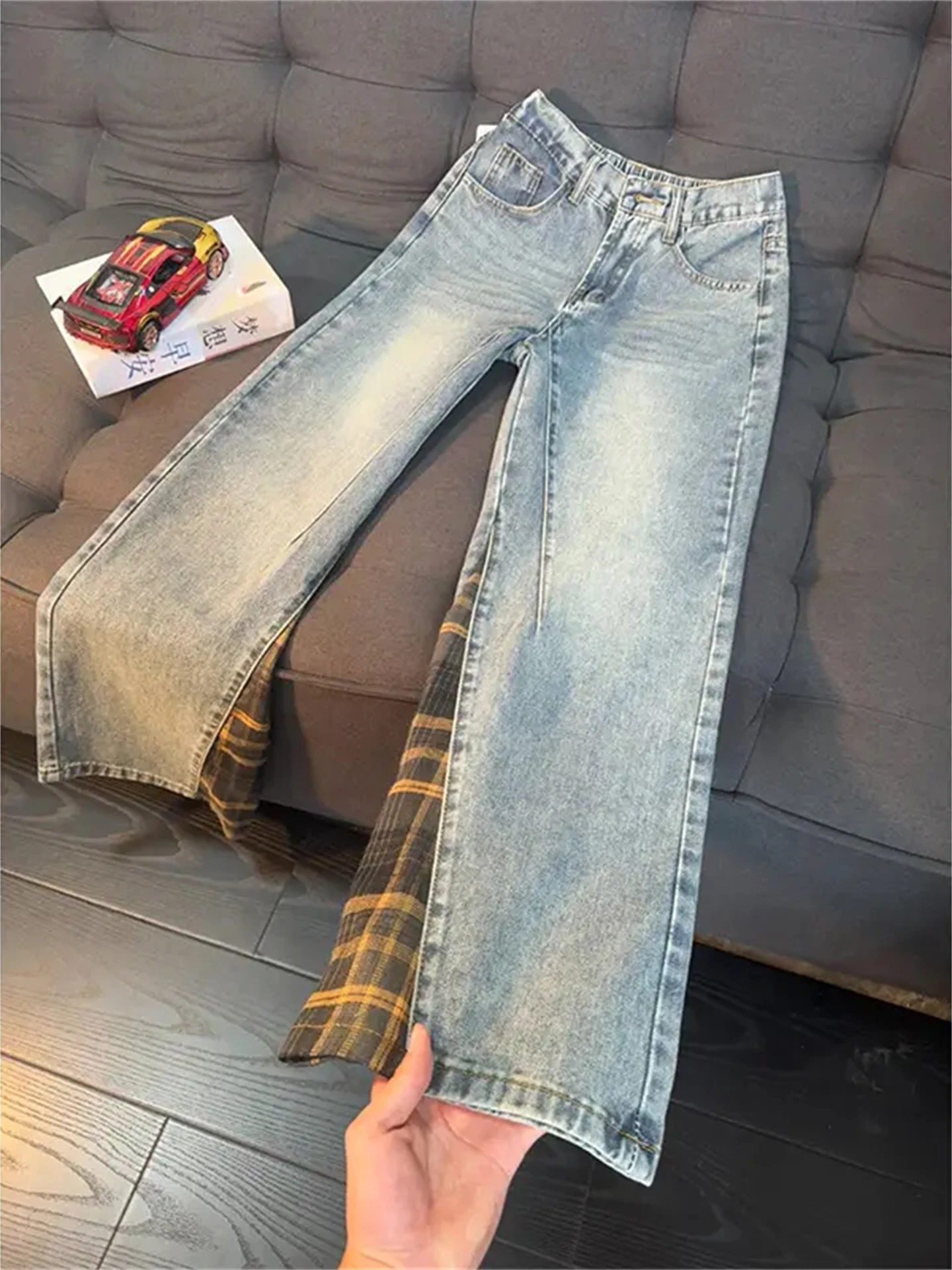 

Мужские джинсы Cleanfit с клетчатыми вставками, с высокой талией, прямые, слегка расклешенные, длинные брюки в американском стиле, повседневная одежда