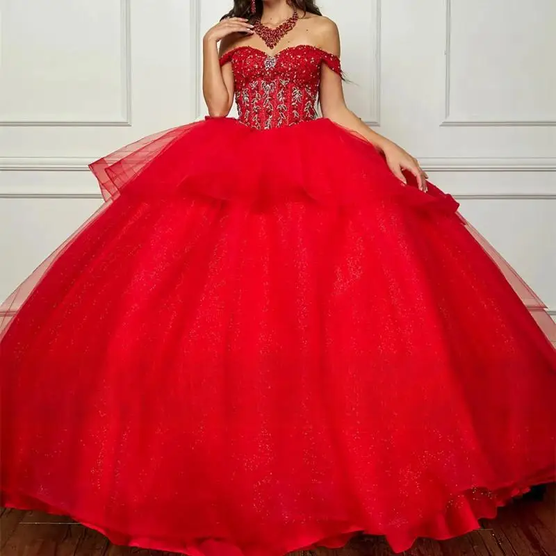 Personalizado rosa princesa cristais em camadas arco 15 quinceanera vestido de baile fora do ombro applique tribunal trem vestido de graduado