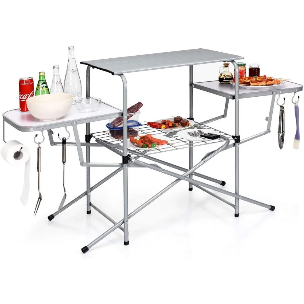 

Aluminum Folding Camping Table, Outdoor Grill Table with Side Table, Hooks & Carry Bag, Heavy Duty Picnic Table for Outdoor Bac