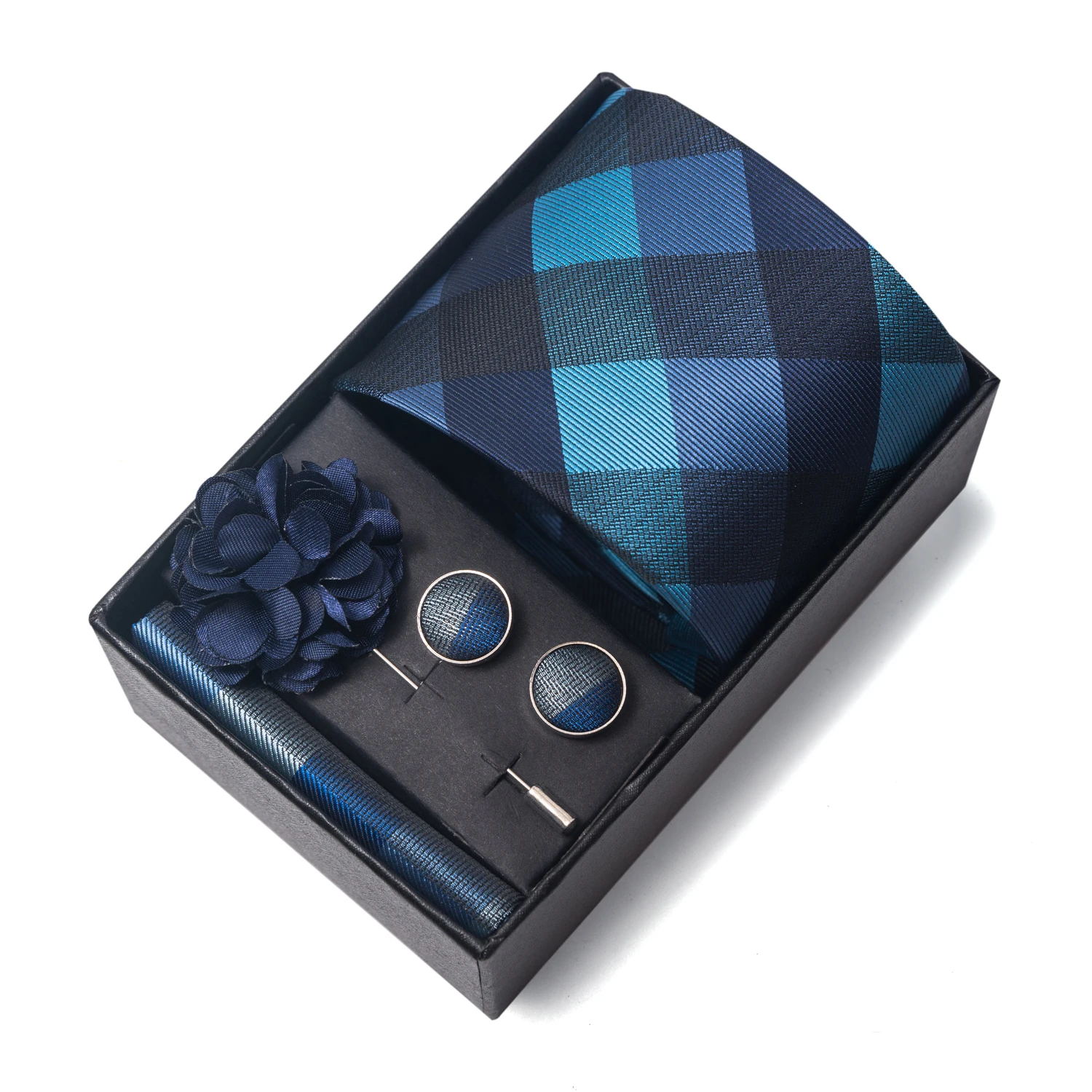 2025 Neue Design Marke 8 cm Blau Gestreifte Krawatte Taschentuch Manschettenknopf Brosche Set Mann Geschenk Box Hochzeit Geschenk Fit formelle Party – Detail 23