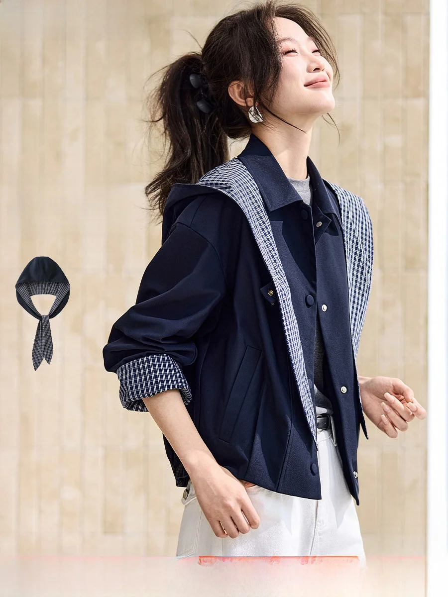 

Detachable Hat oulder Women's ort Plaid Jaet Loose Fit Casual Sle Spring New Arrival M6CWB00638 Polyester Fiber