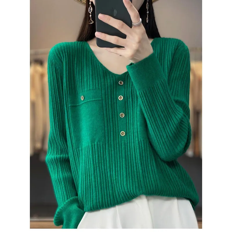 

New Spring Autumn Fashion Trend V-neck Solid Color Loose Versatile High Grade Women's Knitted Long Sleeve Woolen Sweater