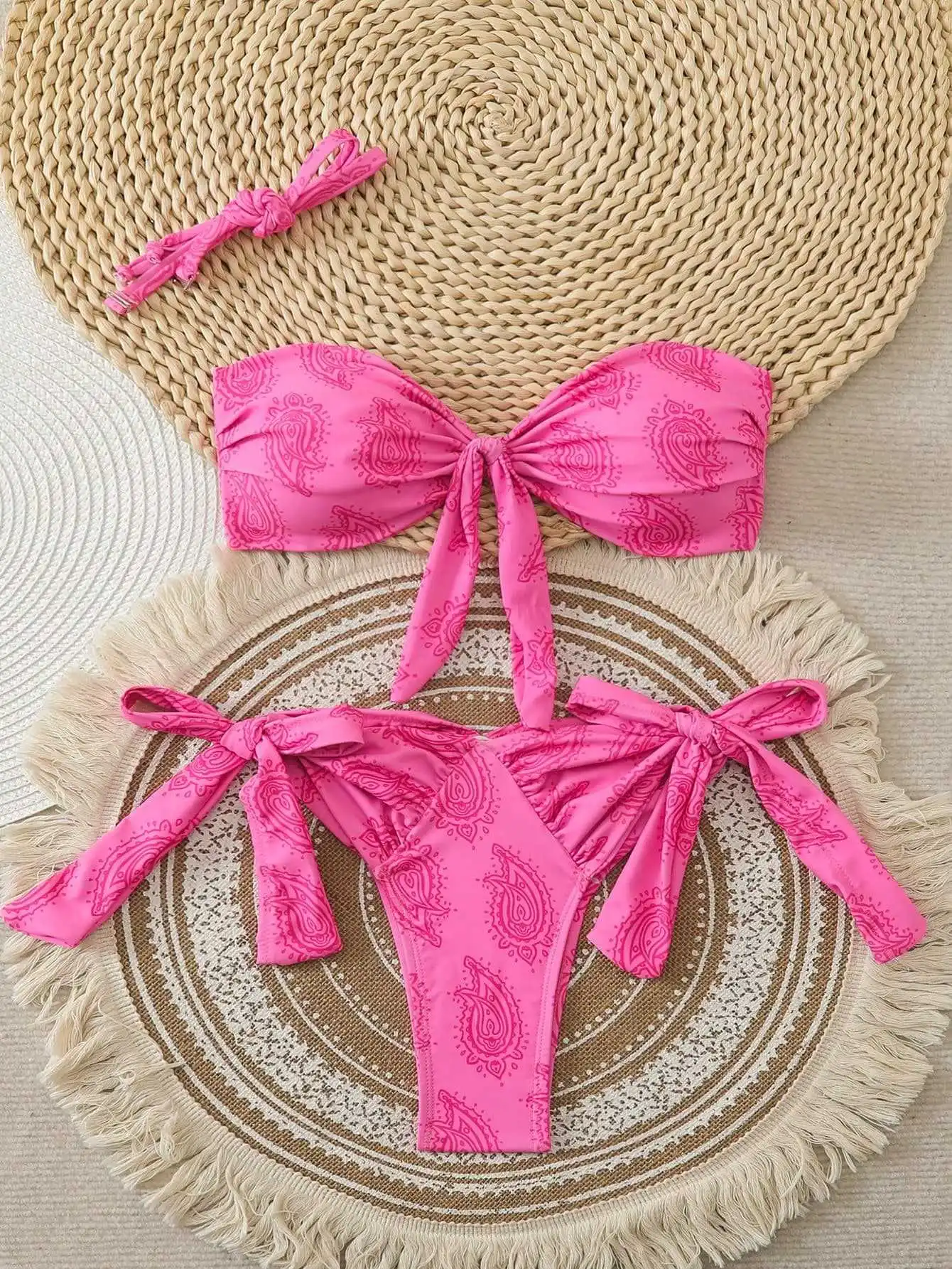 sexy pink bandeau front tie bikinis sets two pieces thong high waist swimsuits bathing suit swimwear biquini tankini trikini