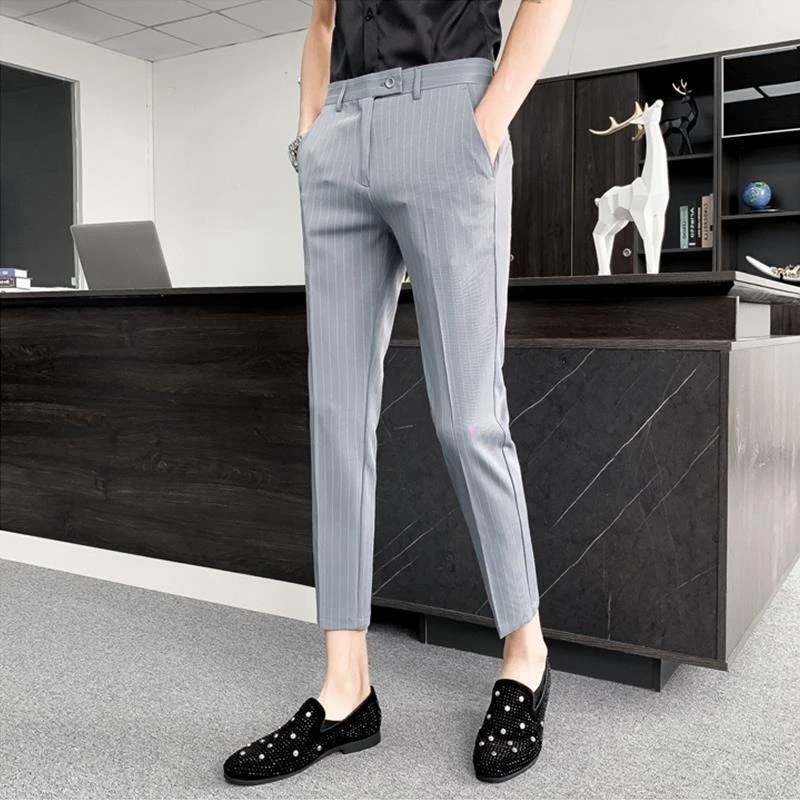 

Ice Silk Striped Slim Fit Cooling Men's 9 Cropped Suits Pants Thin Casual Slacks Work Wear Stylish Cheap New Male Suit Trousers