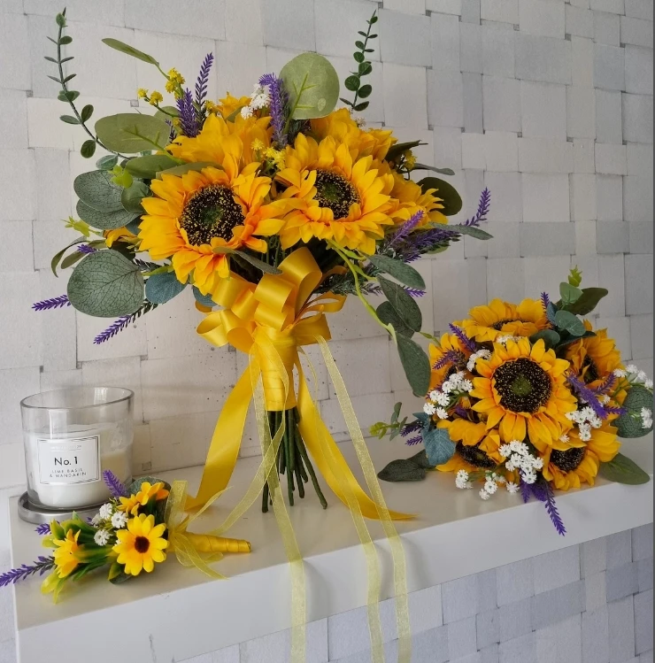 

EillyRosia Artificial Sunflower Bouquet Wedding Flowers Yellow Ribbon Mother's day Gift Thank You Teacher Easter Spring Bouquet