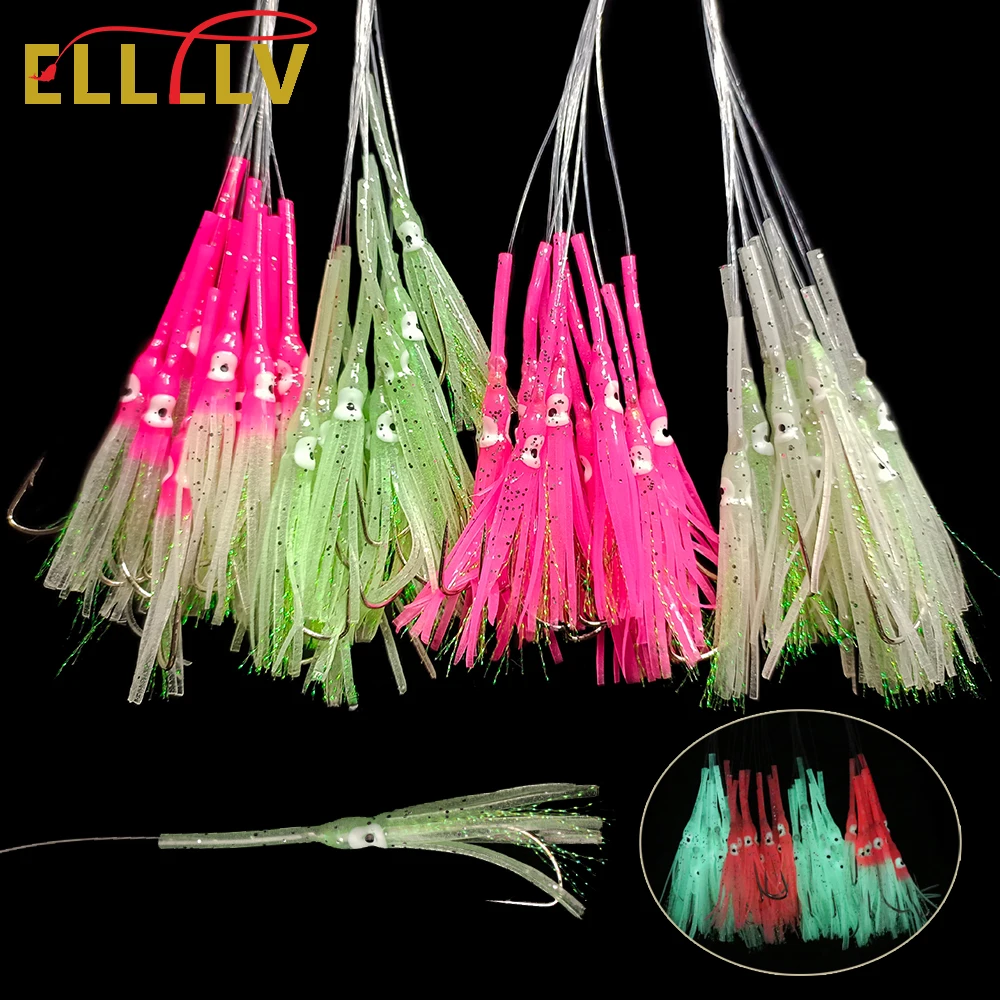 Elllv 10pcs 3/0 Hook Pre Tied Anti-bite Luminous Squid Skirts with Monofilament Line Saltwater Mackerel Herring Fishing Lure