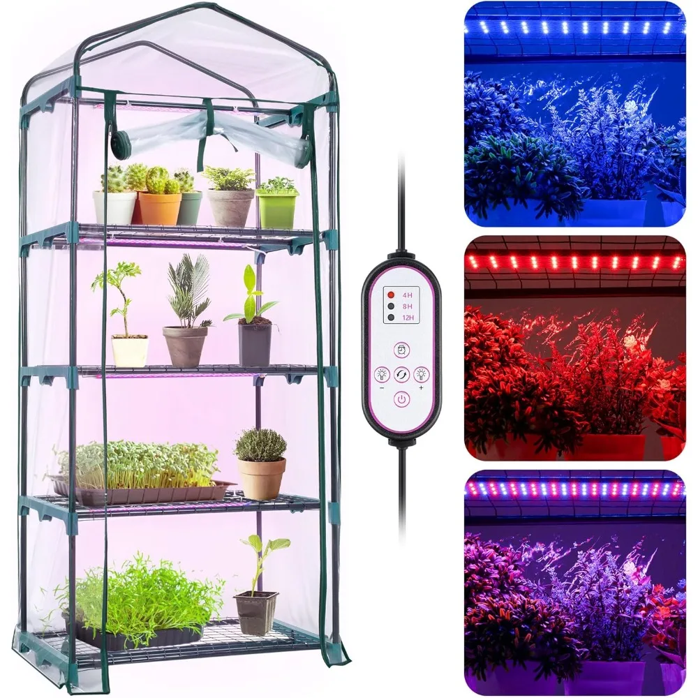 4-Layer Mini Greenhouse with Growth Lights, Indoor, Equipped with Roller Shutter, Zipper, PVC Waterproof Cover and Tray