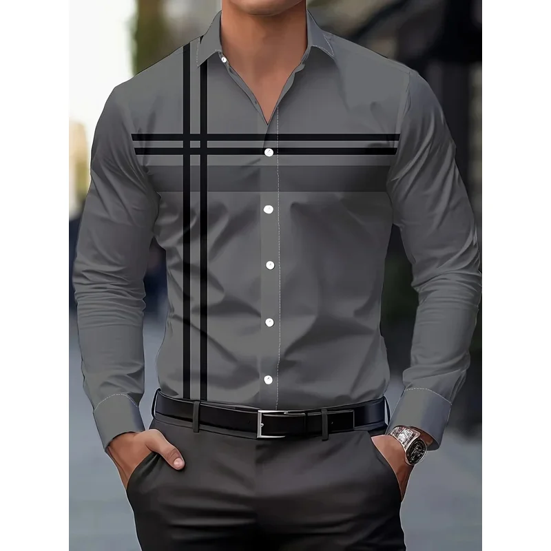 Men's Casual Dress Shirt With Modern Striped Design Regular Fit Long Sleeve Button-Up, Machine Washable For Spring Fall Office